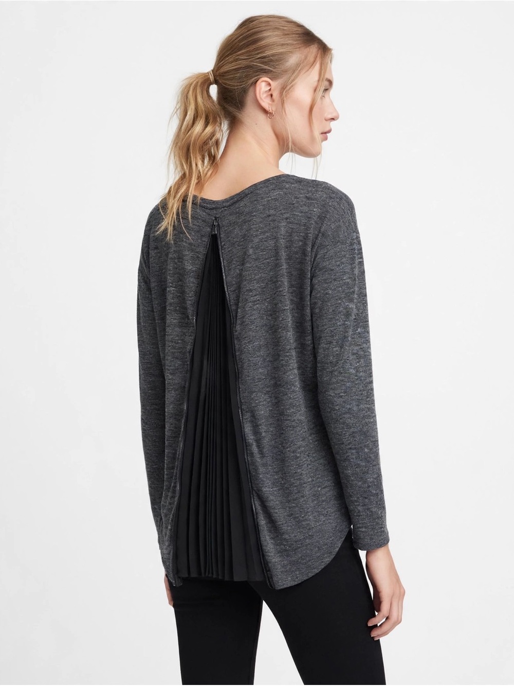 Ann Taylor Charcoal Grey Long-Sleeve Top with Black Pleated Back
